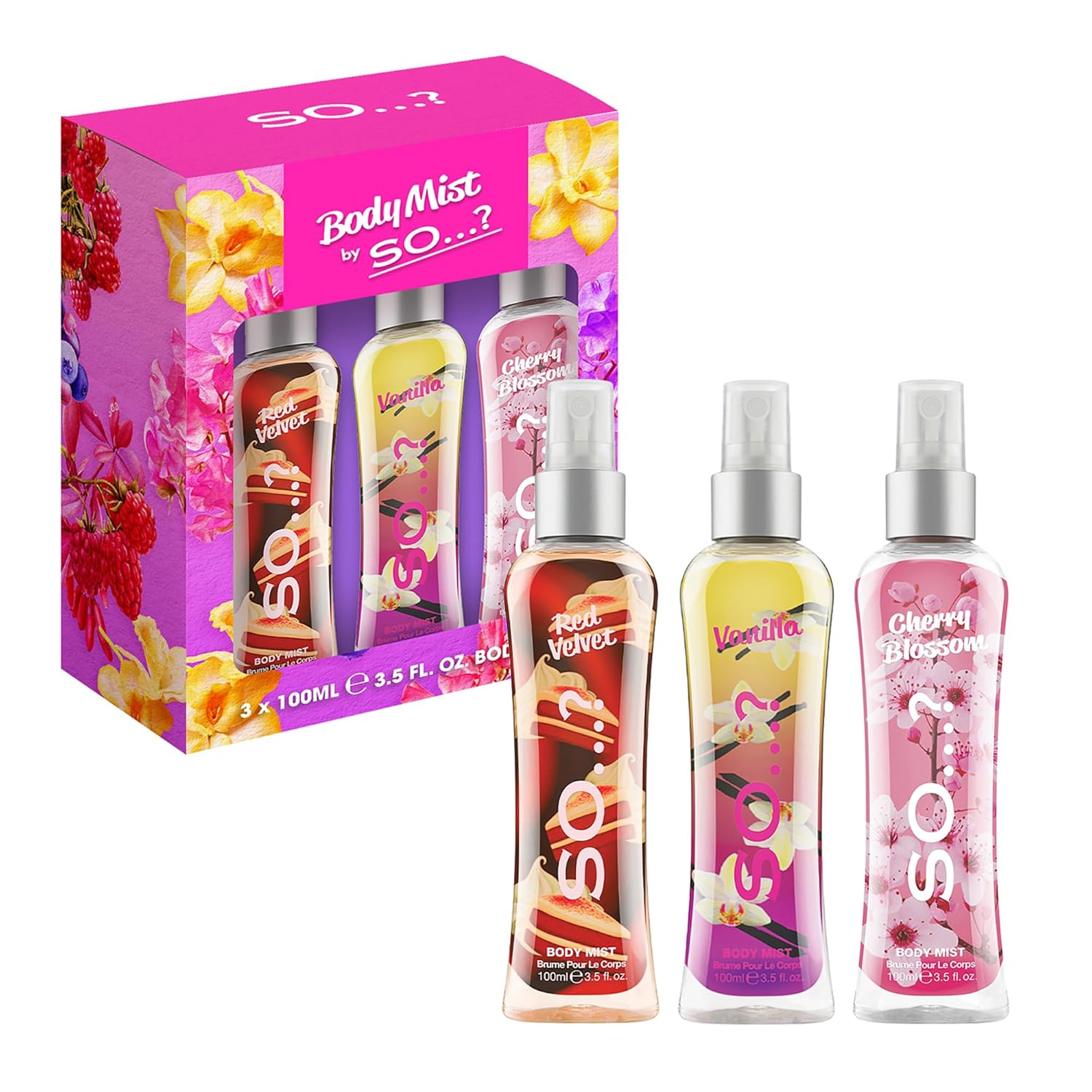 So… Body Mist Set - Perfumes For Women - Vanilla Perfume, Red Velvet, Cherry Blossom - Scents Lasting 6 Hours - Fragrance Gifts For Women - 3 Pcs