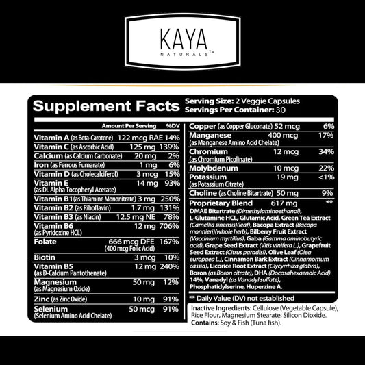 Kaya Naturals - Neuro Brain for Memory & Focus - Nootropic Energy Capsule - Nootropic Brain Support Supplement - Focus & Concentration & Learning Accuracy - Cognitive Function - 60 Count