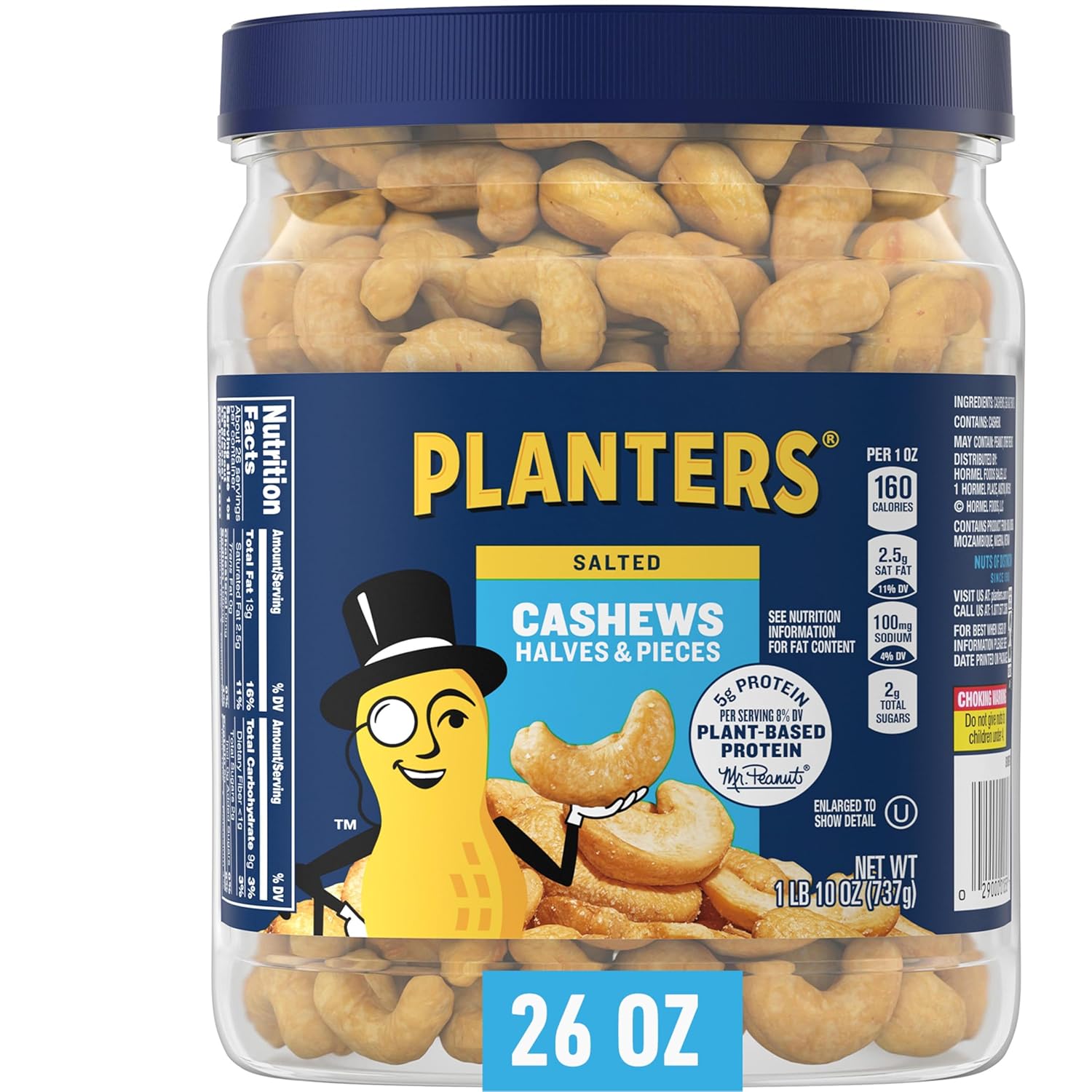 Planters Salted Cashew Halves & Pieces, Party Snacks, Plant-Based Protein, Quick Snack For Adults, After School Snack, Roasted Cashews, Flavored With Sea Salt, Bulk Nuts, Kosher, 26Oz Canister