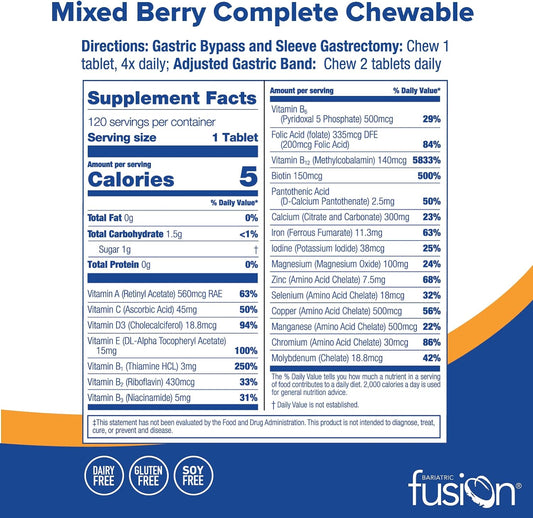 Bariatric Fusion Mixed Berry Complete Chewable Bariatric Multivitamin With Iron For Bariatric Surgery Patients Including Gastric Bypass And Sleeve Gastrectomy - 120 Tablets