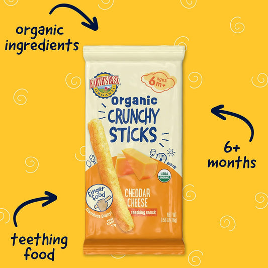 Earth'S Best Organic Baby Food, Dissolvable Teething Snack For Babies 6 Months And Older, Cheddar Cheese Crunchy Sticks, .56 Oz Pack (Pack Of 5)