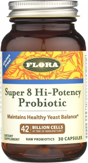Flora Super 8 Hi Potency Probiotics 30 Count - Healthy Yeast Balance & Digestive Health - For Men & Women - 42 Billion Cfu, Raw, Gluten Free - Up To 1 Month Supply