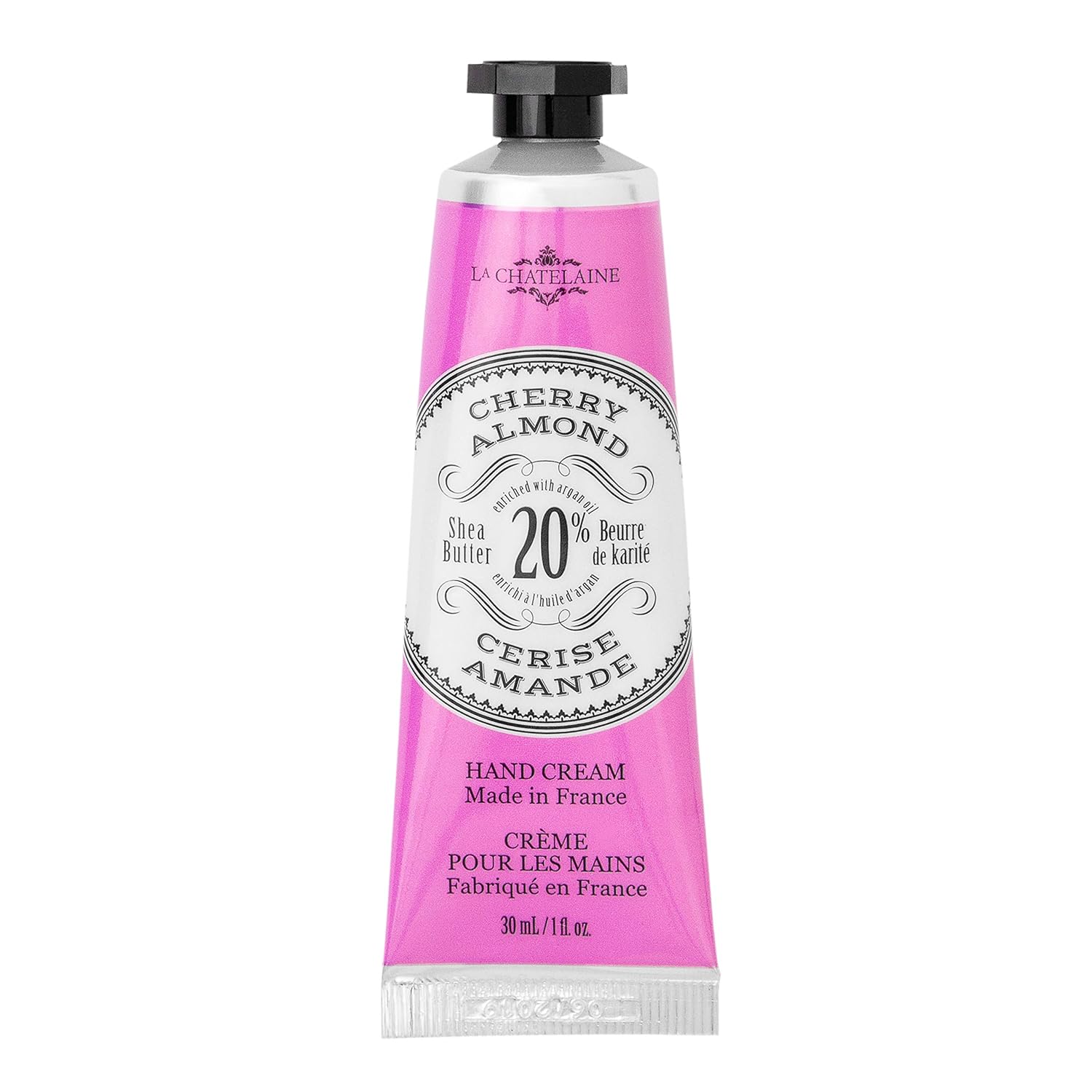La Chatelaine 20% Shea Butter Hand Cream, Travel Size, Organic Argan Oil, Moisturizing, Nourishing, Repairing, Extra Rich, Non-Greasy, Made In France, Paraben Free, 1 Oz/ 30Ml (Cherry Almond)