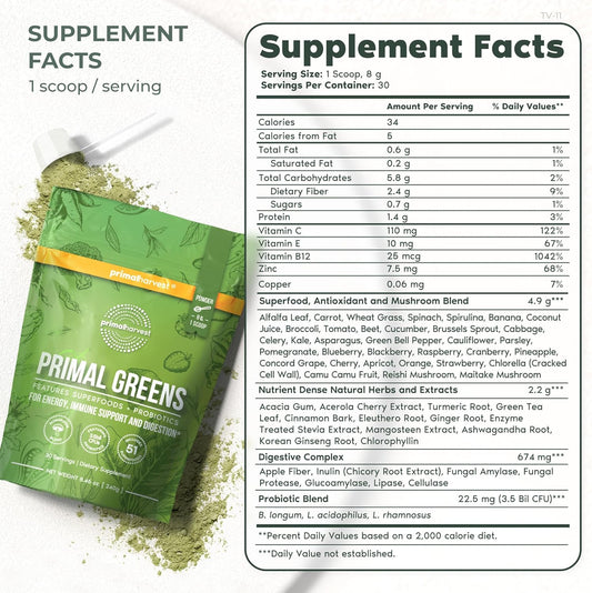 Primal Harvest Super Greens Powder, 30 Servings W/+50 Greens Superfood Chlorella, Probiotics, Green Tea, Wheatgrass, Kale, Turmeric For Energy,Primal Greens