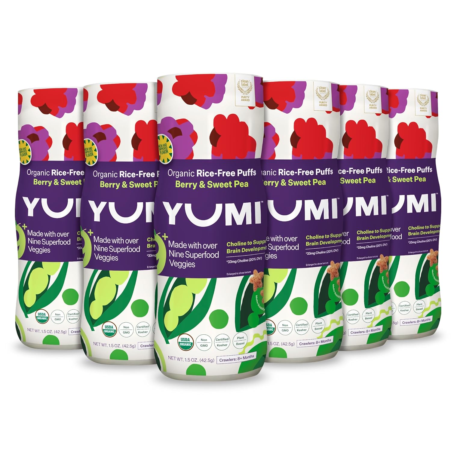 Yumi Organic Rice-Free Puffs, No Sugar Added, Gluten-Free, Non-Gmo Baby Snack Puffs, School Safe For Daycare And Lunchboxes (Berry & Sweet Pea)