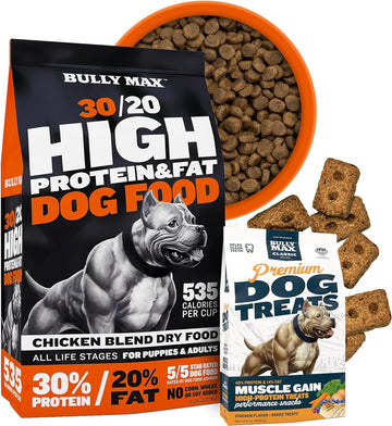 Bully Max 30/20 High Protein Dry Dog Food & 40/14 Dog Training Treats With Premium Chicken Bundle For Puppy And Adult Dogs Of Small, Medium, And Large Breeds - 15 Lb Dry Food Bag & 400G Treats Bag