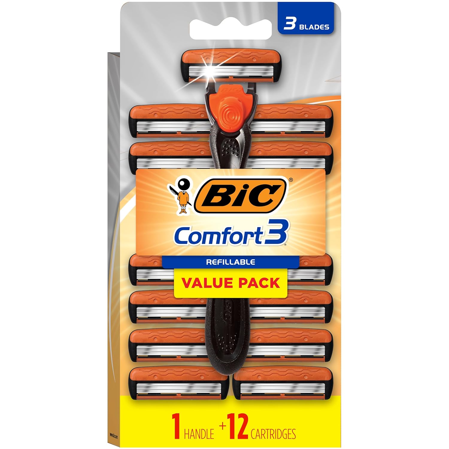 Bic Comfort 3 Refillable Three-Blade Disposable Razors For Men, Sensitive Skin Razor For A Comfortable Shave, 1 Handle And 12 Cartridges With 3 Blades, 13 Piece Razor Kit