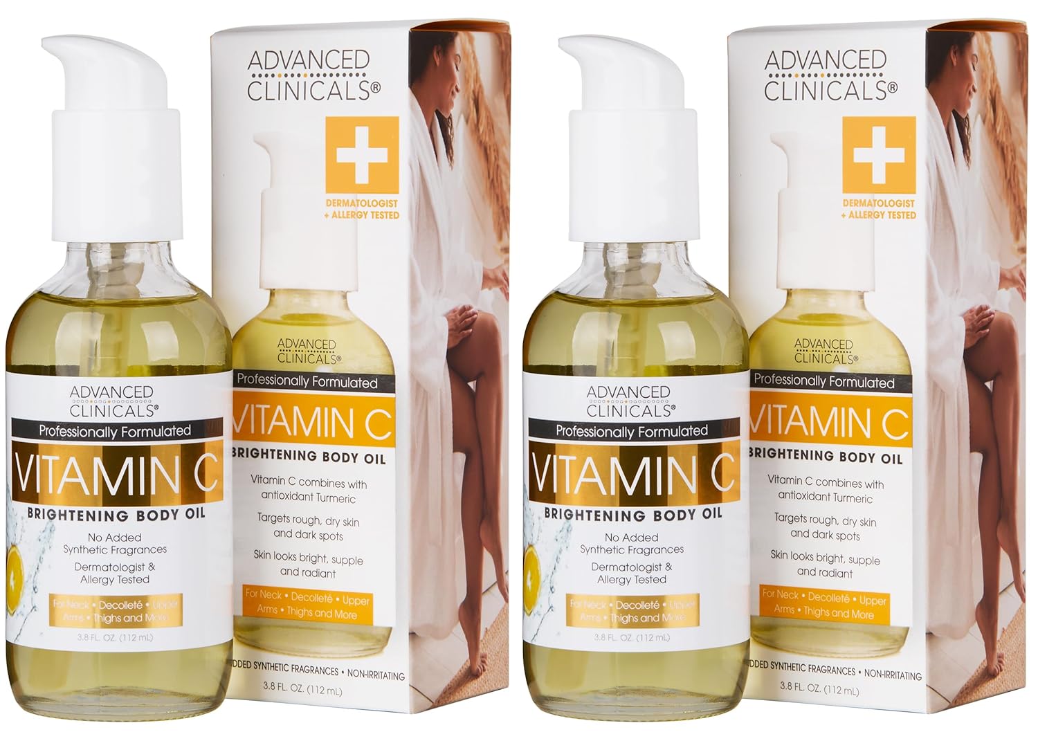 Advanced Clinicals Vitamin C Illuminating Body Oil For Women & Men |Vitamin C Oil Skin Care Body Moisturizer With Vitamin E + Botanicals To Help Improve Appearance Of Dark Spots + Dry Skin, 2 Piece