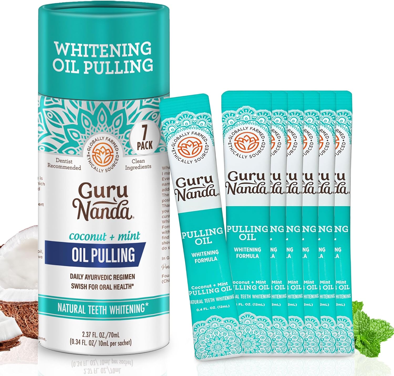 Gurunanda Travel Sachets Coconut Oil Pulling, 7 Essential Oils & Vitamins For Happy Gums - Fresh Breath & Whitening Mouthwash - 7 Pack