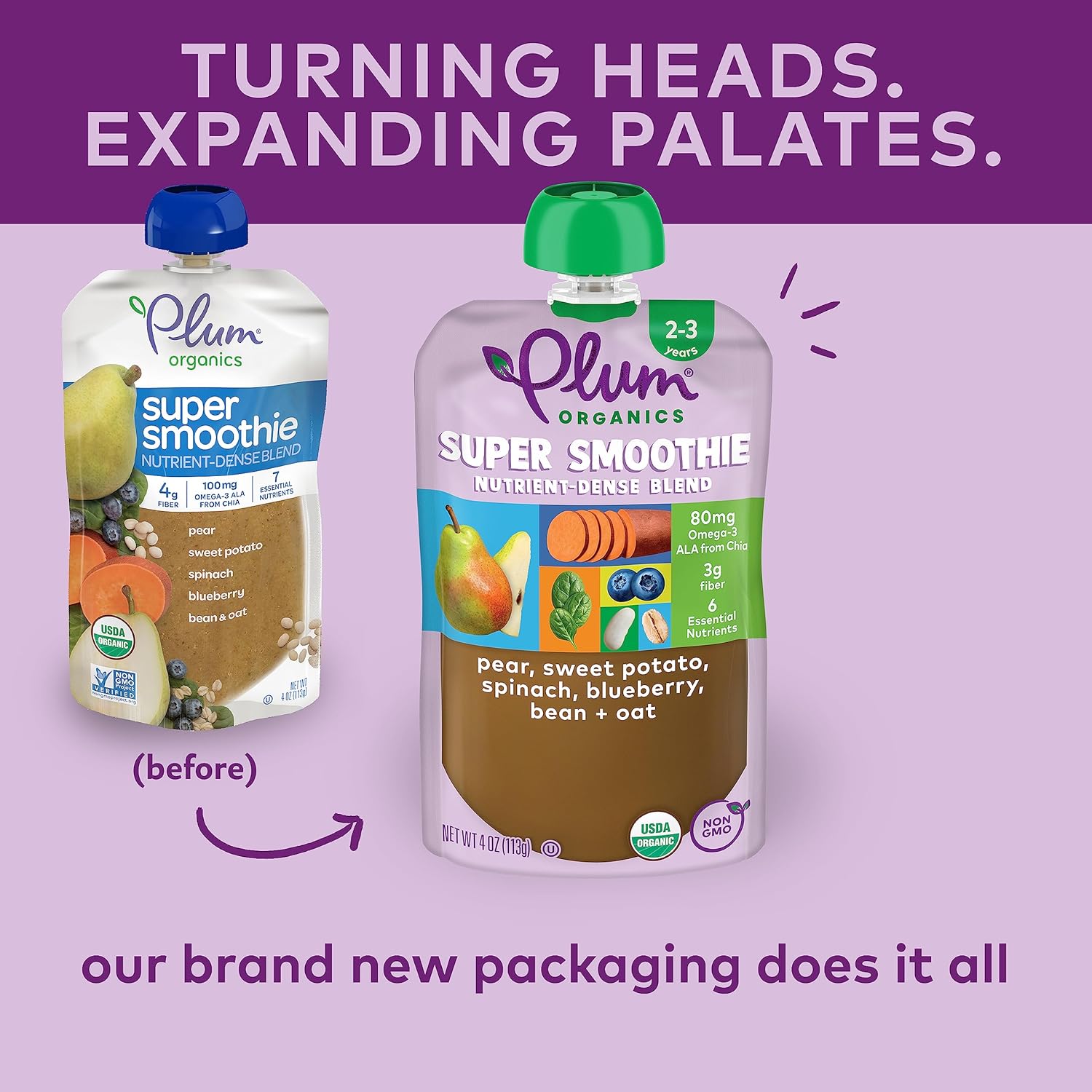 Plum Organics Super Smoothie Organic Toddler Food - Pear, Sweet Potato, Spinach, Blueberry, Bean, and Oat - 4 oz (Pack of 24) : Everything Else