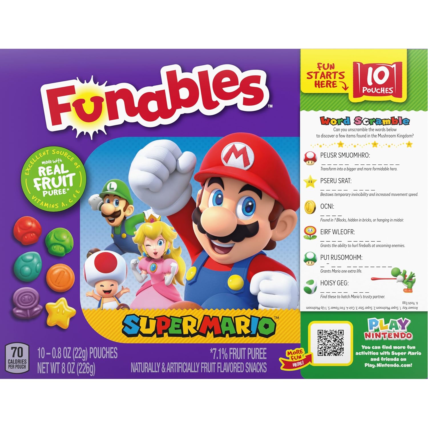 Funables Fruity Snacks, Super Mario, Assorted Fruit, Flavored Snacks, 0.8 Oz 10 Ct