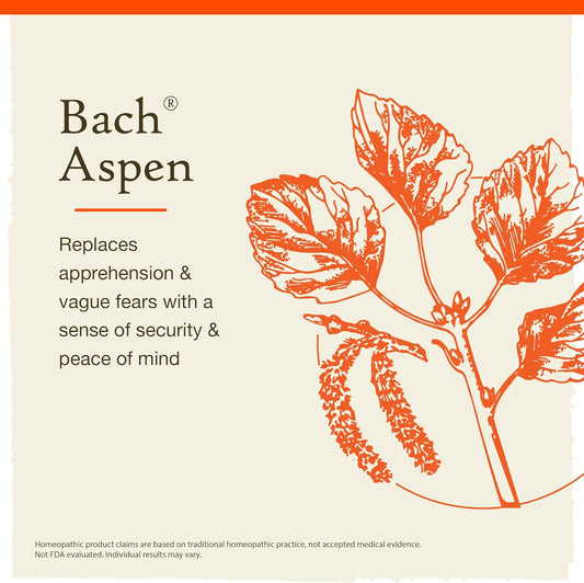 Bach Original Flower Remedies, Aspen for Apprehension and Security (Non-Alcohol Formula), Natural Homeopathic Flower Essence, Holistic Wellness and Stress Relief, Vegan, 10mL Dropper