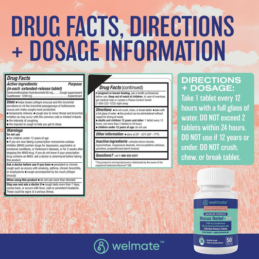 Welmate Maximum Strength Mucus Relief Dm - 1200Mg Guaifenesin & 60Mg Dxm, 12-Hr Cough Suppressant & Expectorant, Bi-Layer Tablets, Chest Congestion Relief, Thins & Loosens Mucus - 50 Ct