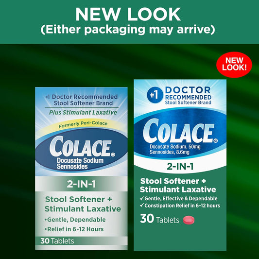 Colace 2-In-1 Stool Softener & Stimulant Laxative Tablets, Gentle Constipation Relief In 6-12 Hours, 30 Count