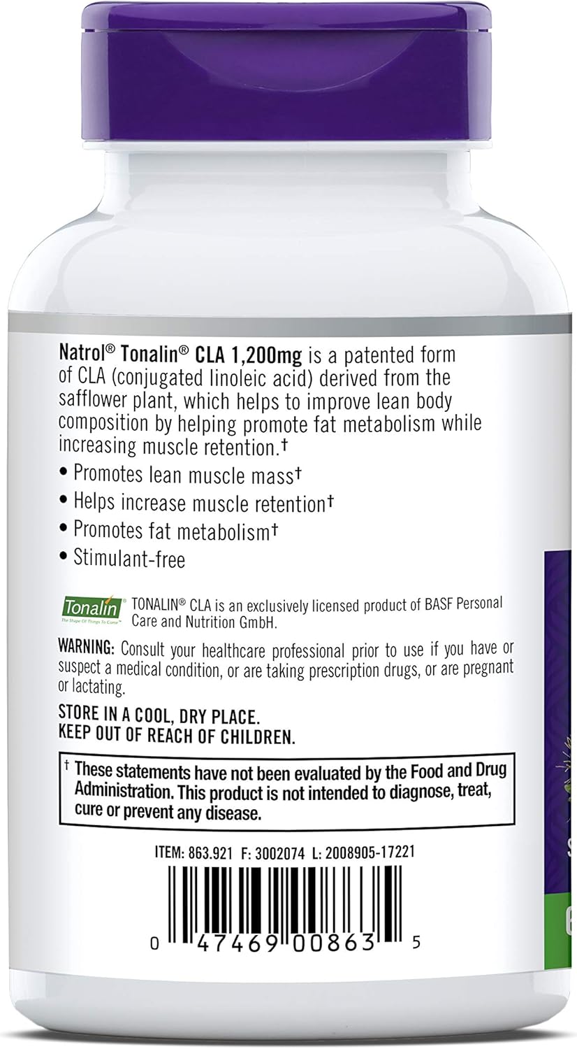 Natrol Tonalin CLA Softgels, Derived from Safower Plant, Promotes Lean Muscle Mass, Helps Increase Muscle Retention, Promotes Fat Metabolism, Weight Management Supplement, 1,200mg, 60 Count