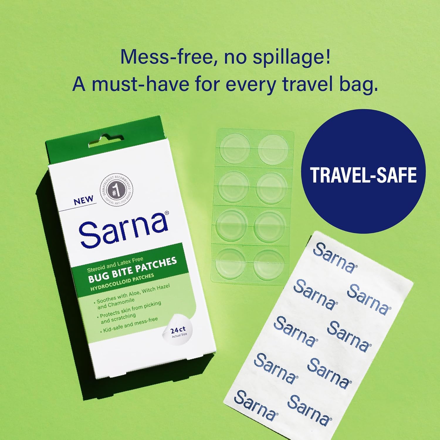 Sarna Bug Bite Patches - Peel & Stick Hydrocolloid Patches with Aloe, Witch Hazel & Chamomile - Kid-Safe, Vegan, Steroid-Free, Latex-Free, Single-Use Patches, TSA- Friendly, 24ct 2 : Health & Household