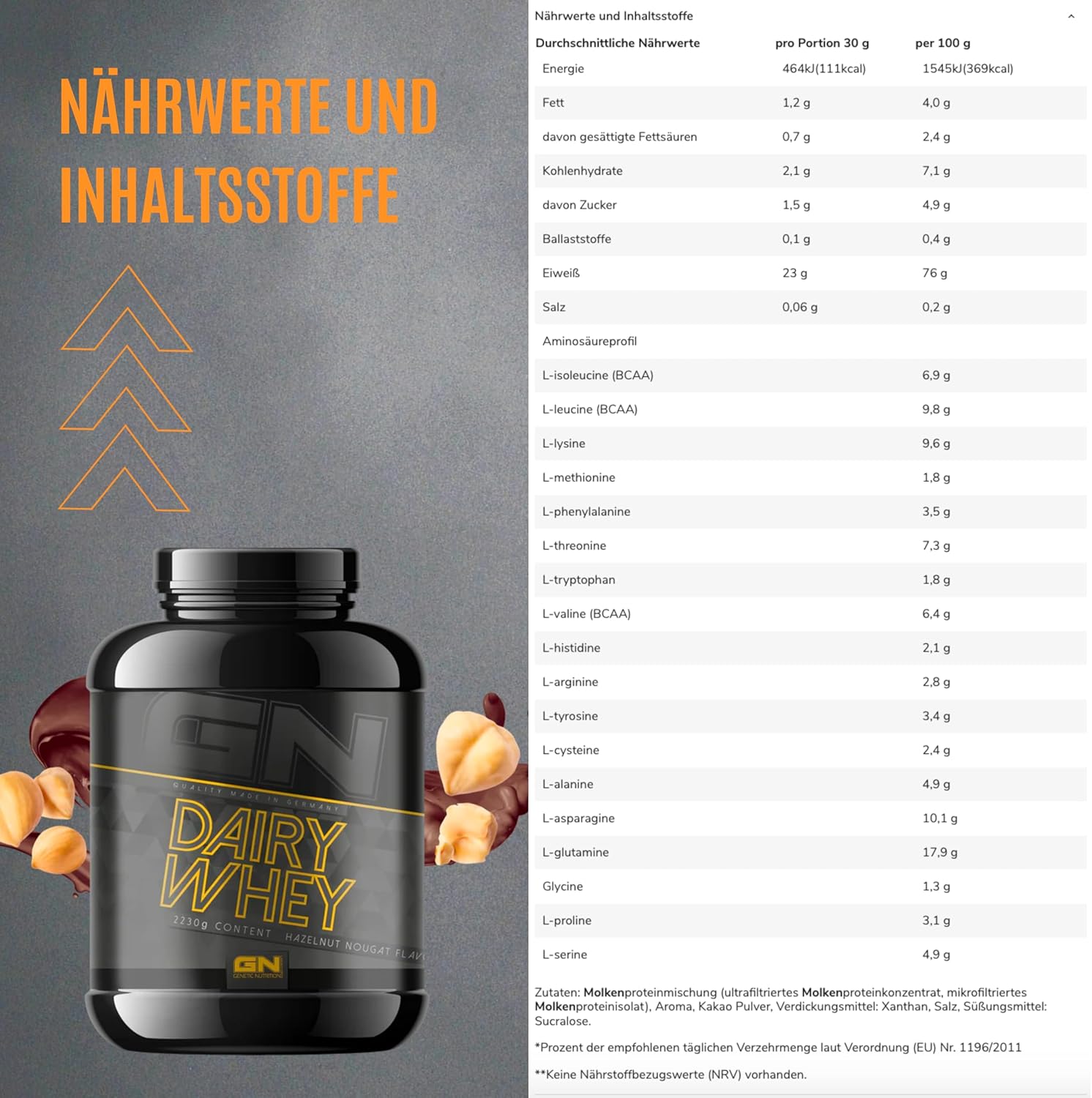 Gn Laboratories 100% Dairy Whey Protein Powder 1 Kg (Hazelnut Nougat) - Protein Powder With 23 G Protein Per Serving, Ideal For Muscle Building And Preservation, Tested Quality, Made In Germany