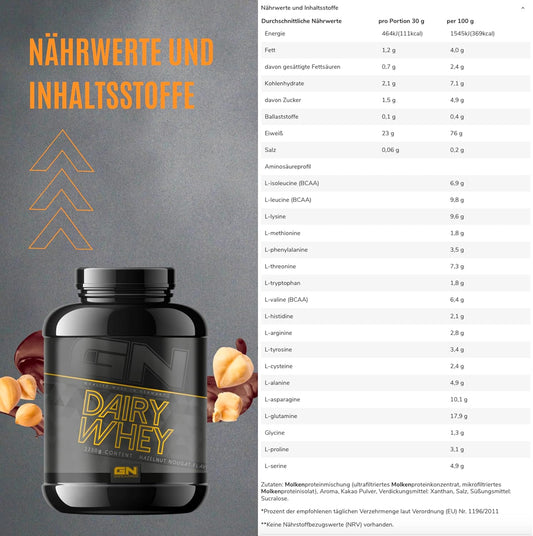 Gn Laboratories 100% Dairy Whey Protein Powder 1 Kg (Hazelnut Nougat) - Protein Powder With 23 G Protein Per Serving, Ideal For Muscle Building And Preservation, Tested Quality, Made In Germany