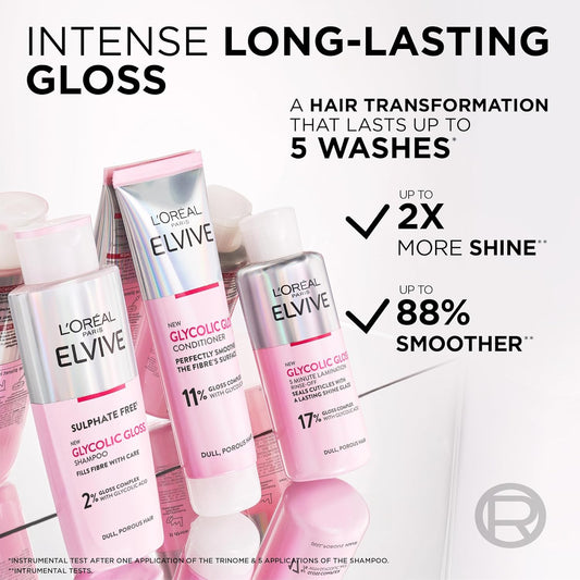 L'Oréal Paris Elvive Glycolic Gloss Shampoo And Conditioner Set For Dull Porous Hair, Get The Shiniest Hair Of Your Life, Glossing Routine For Mirror-Like Shine