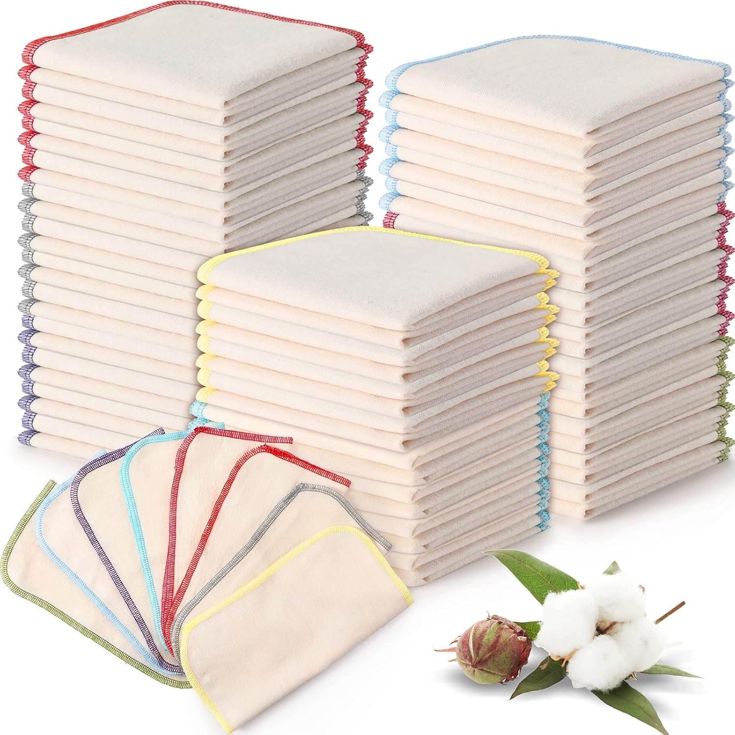 Zopeal 64 Pcs Flannel Cloth Baby Wipes Reusable Dispenser Washable Soft Natural Unbleached Baby Face Cloth Wipes 8 Colors Outer Stitching 8 X 8 Inches