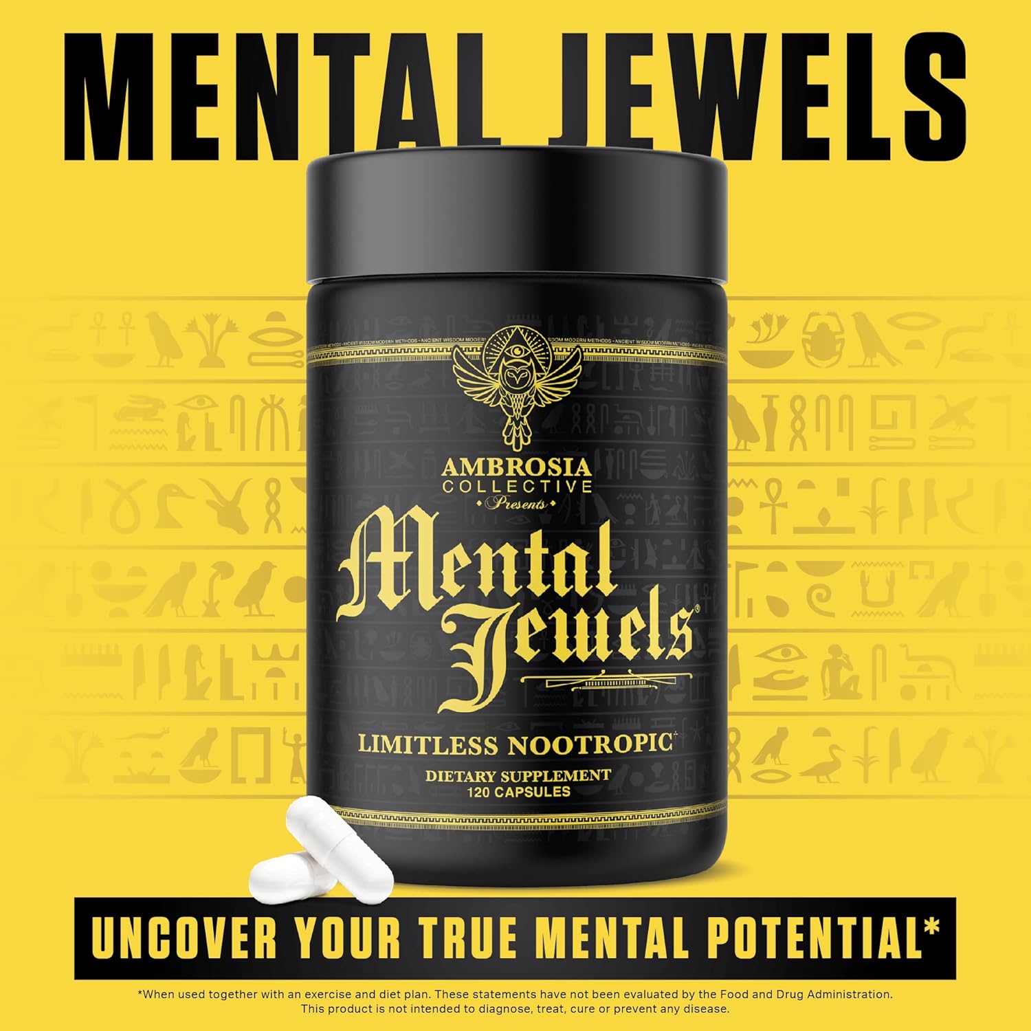 Ambrosia Mental Jewels (Capsules) - Cognitive Enhancer | Increase Memory, Communication Skills, Concentration & Focus | Alpha Gpc, Choline, Bacognize | 120 Veggie Capsules (30 Day Supply) : Health & Household