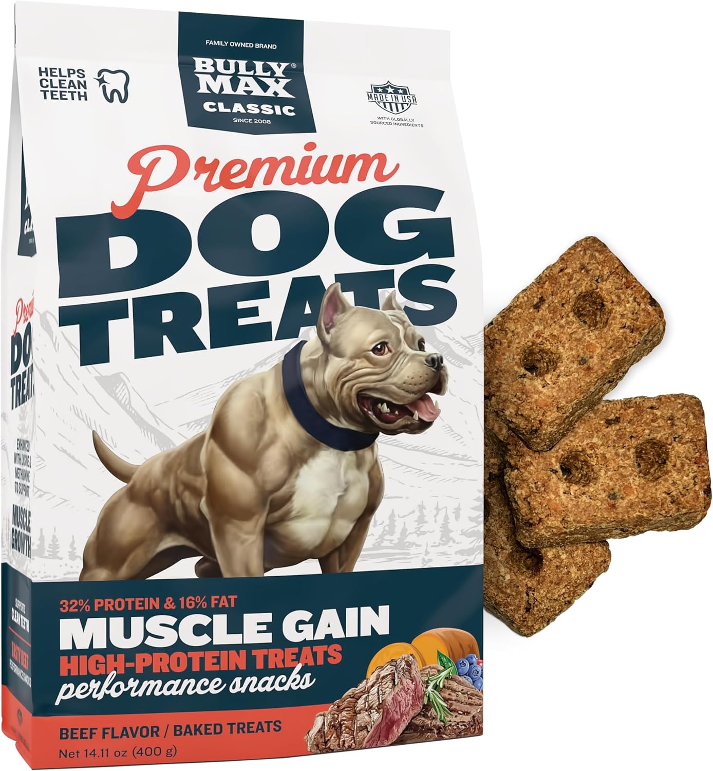 Bully Max Premium High Protein Dog Treats For Puppy & Adult Dogs - Training Dog Food Treats With 32% Protein, Real Meat, Veggies & Bcaas For Small, Medium & Large Breeds, Beef Flavor, 400G Bag
