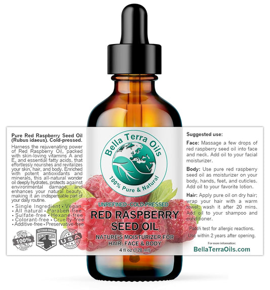 Bella Terra Oils - Red Raspberry Seed Oil 4 oz - Packed with Ellagic Acid & Vitamin A, Embrace the Nutrient-Rich Essence of Raspberry Seed for Skin