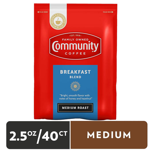 Community Coffee Ground Coffee Packets, Breakfast Blend Medium Roast, Pre-Measured 2.5 Ounce Individual Coffee Packets, Box Of 40