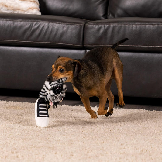 Pet Factory Squeaky Sneakers Bungee Tug Plush Dog Toy, Randomly Selected - Leopard Or Zebra, One Size