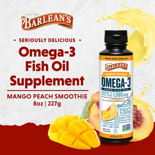 Barlean's Mango Peach Omega 3 Fish Oil Liquid Supplement with Vitamin D, 1080mg EPA & DHA Fatty Acid, Smoothie Flavored & Burpless for Brain, Joint, & Heart Health, 8 oz