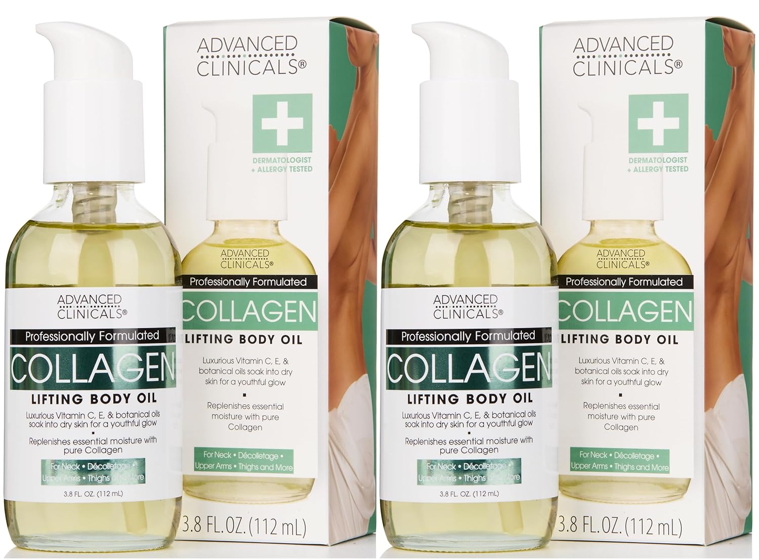 Advanced Clinicals Hydrating Collagen Oil For Body & After Shower | Visible Anti Aging Moisturizing Collagen Body Oil For Women & Men Helps Soften Appearance Of Crepe Skin & Wrinkles, 3.8 Fl Oz, 2Pc