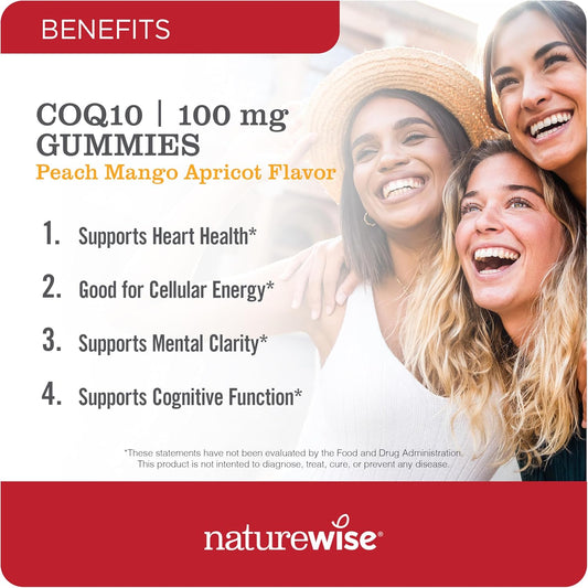 Naturewise Coq10 Gummies 100Mg - Peach Mango Flavor - Supplement For Heart Health & Antioxidant Activity - Pectin-Based, Vegan, Soy And Gluten Free, Non-Gmo - 90 Count[45-Day Supply]