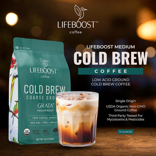 Lifeboost Medium Cold Brew Coffee - Low Acid Coarse Ground Coffee For Cold Brew - Single Origin Non-Gmo Usda Organic Cold Brew Coffee Grounds - 3Rd Party Tested For Mycotoxins & Pesticides - 12 Ounces