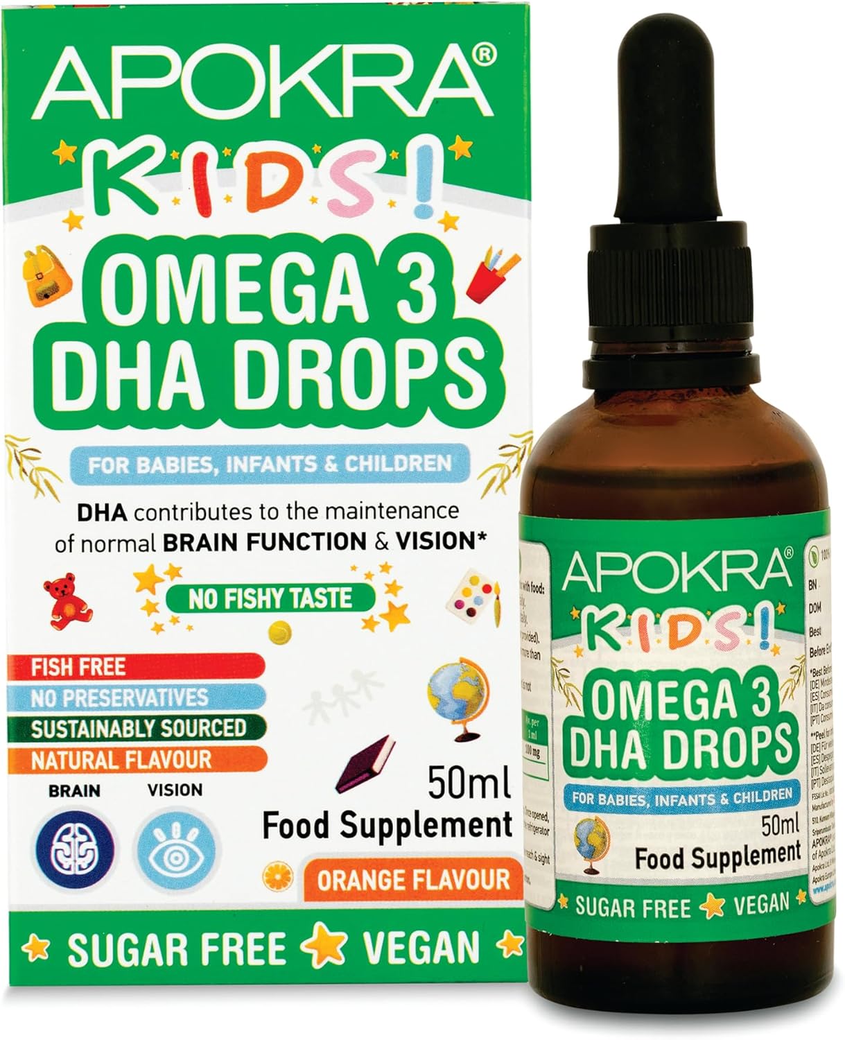 Omega 3 Vegan Dha Drops For Kids - Bundle - 50Ml - No Fishy Taste - Preservative Free And Sugar Free. Sustainable Algal Alternative To Fish Oil | Apokra Kids (3)