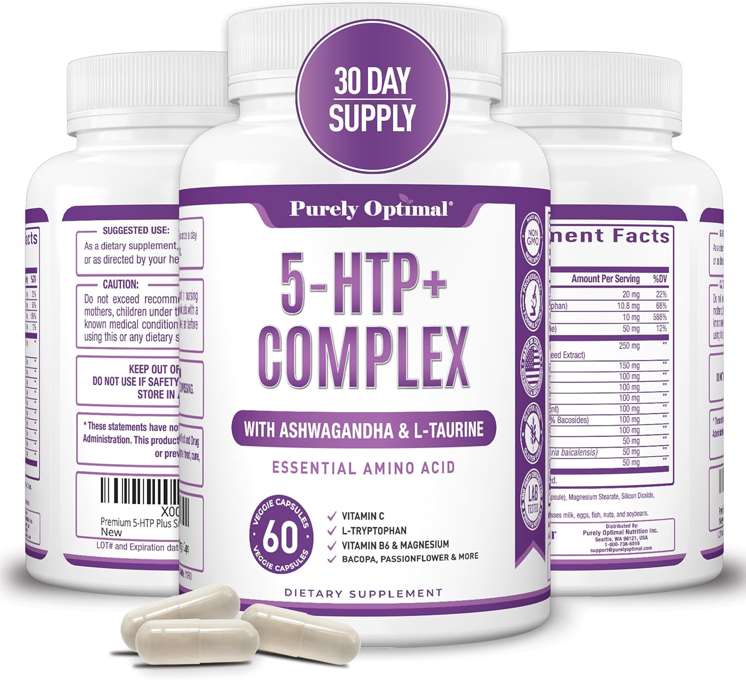 Premium 5-Htp Plus Supplement 250Mg Maximum Strength - Sleep Aid, Mood Boost, Promotes Calm & Relaxation, Stress Management Support - Enhanced With Vitamin B6, Gluten Free, Non-Gmo, 60 Veggie Caps