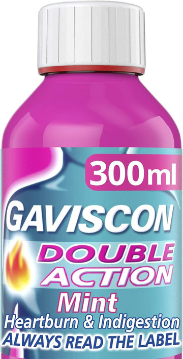 Gaviscon Double Action Liquid Mint 300 Ml - Heartburn Relief, Acid Reflux Solution, Stomach Pain And Nausea Remedy, Quick Effective Antacid, Lasts Up To 4 Hours, Supports Digestion