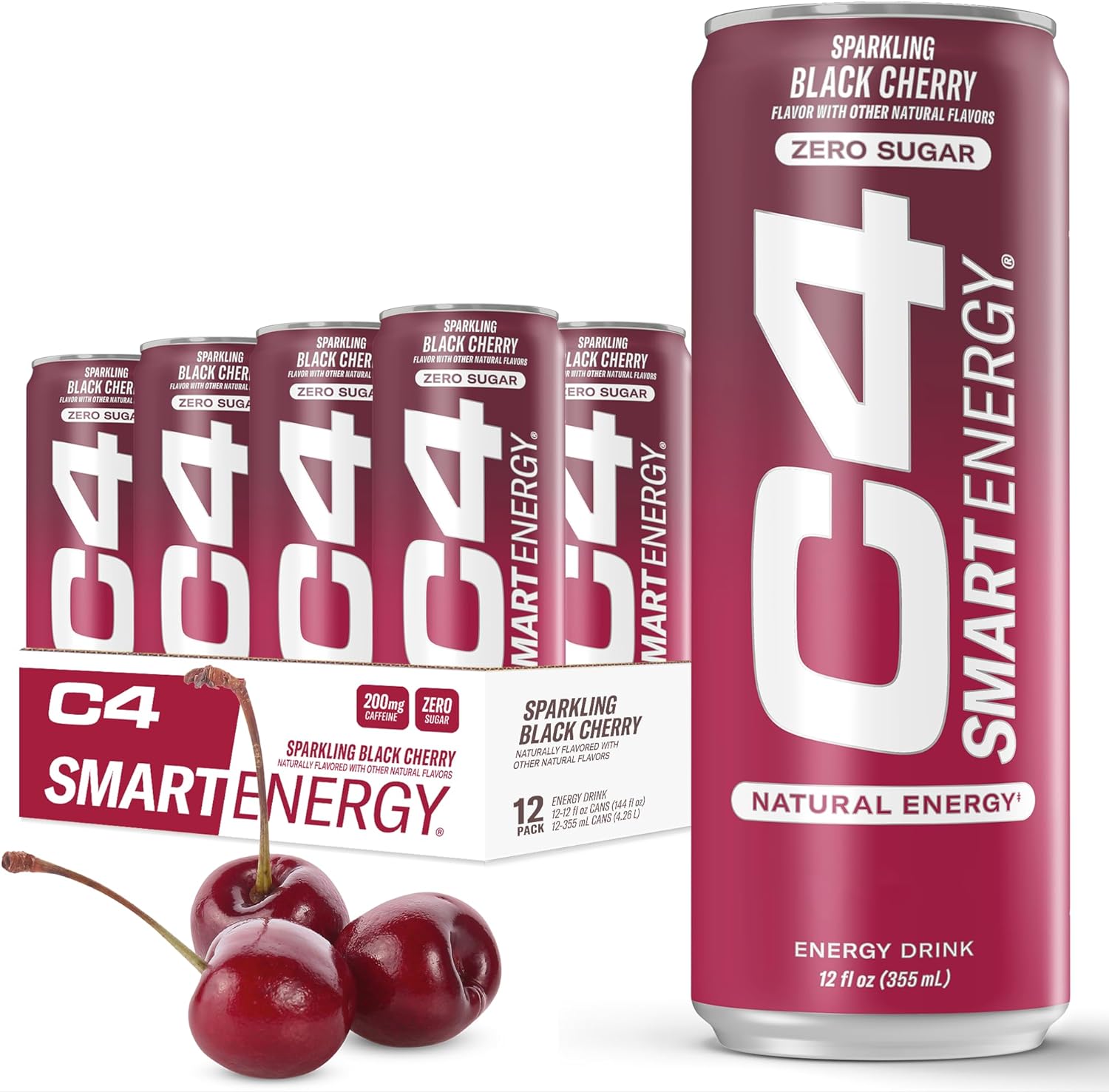 C4 Smart Energy Drink - Sugar Free Performance Fuel & Nootropic Brain Booster, Coffee Substitute Or Alternative | Black Cherry 12 Oz - 12 Pack