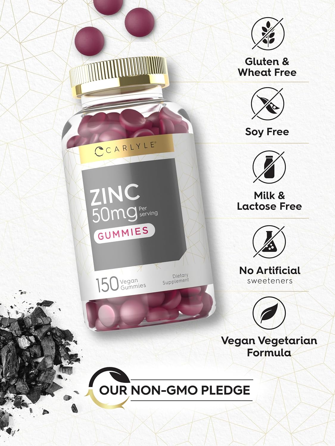 Carlyle Zinc 50mg Gummies | 150 Count | Vegan, Non-GMO and Gluten Free Formula | Zinc Citrate Dietary Supplement : Health & Household