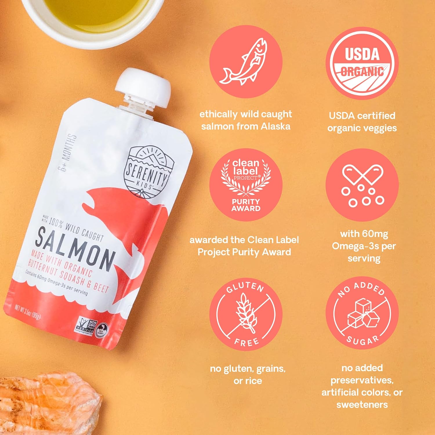 Serenity Kids 6+ Months Baby Food Pouches Puree Made With Ethically Sourced Meats & Organic Veggies | 3.5 Ounce BPA-Free Pouch | Wild Caught Salmon, Butternut Squash, Beet | 1 Count : Baby