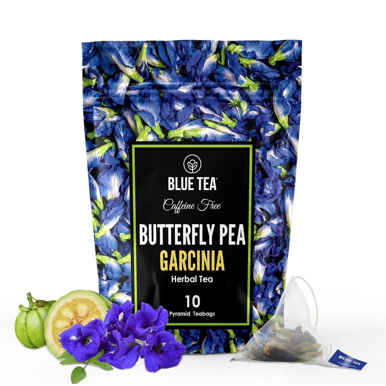 Blue Tea - Butterfly Pea Flower Tea - Garcinia - 10 Count - Plant Based Tea Bags || Super Anti-Oxidant || Non-Bitter - Flower Based - Caffeine Free - Vegan - Detox Tea - 100% Natural | Premium Zipper