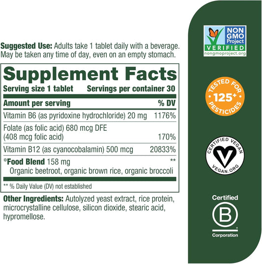 Megafood Vegan Vitamin B12 - Vitamin B Supplement With Vitamin B6, B12 Vitamins & Folic Acid - Supports Cellular Energy Production, Nervous System Health & Cardiovascular Function - 30 Tablets