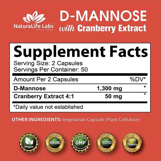 D-Mannose 1,300 mg with Cranberry Extract Fast-Acting, Flush Impurities, Natural Urinary Tract Health- 100 Veggie Capsules