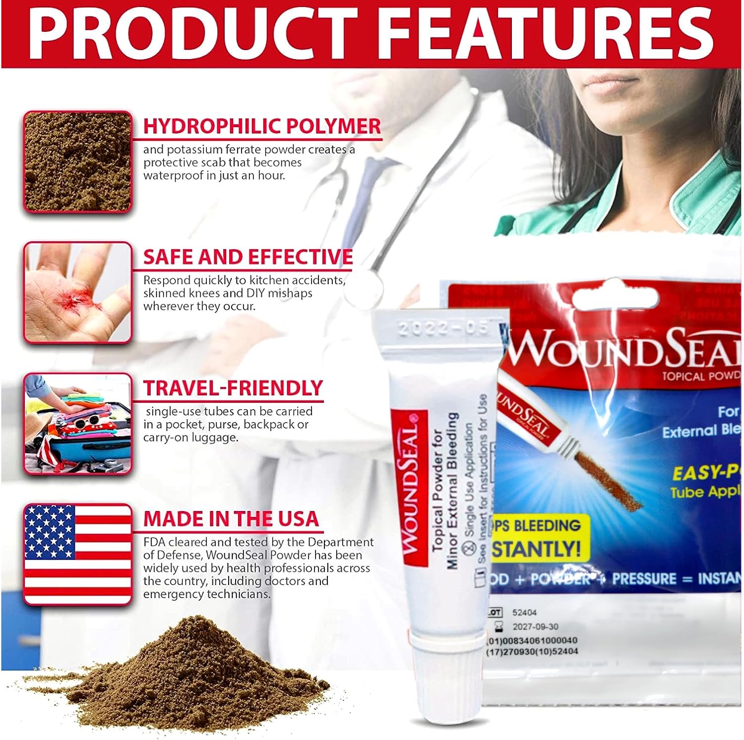 Woundseal Topical Powder For Minor External Bleeding, Easy-Pour Tube Applicator, Fast-Acting Blood Clotting Formula, 4 Single-Use Applications : Health & Household