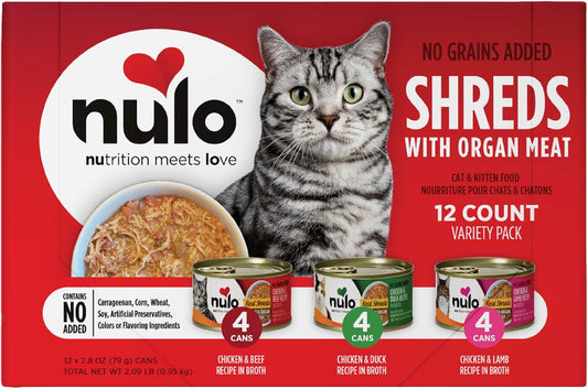 Nulo Grain-Free Real Shreds With Organ Meat Wet Canned Cat & Kitten Food, Variety Pack, 2.8 Ounce, 12 Cans