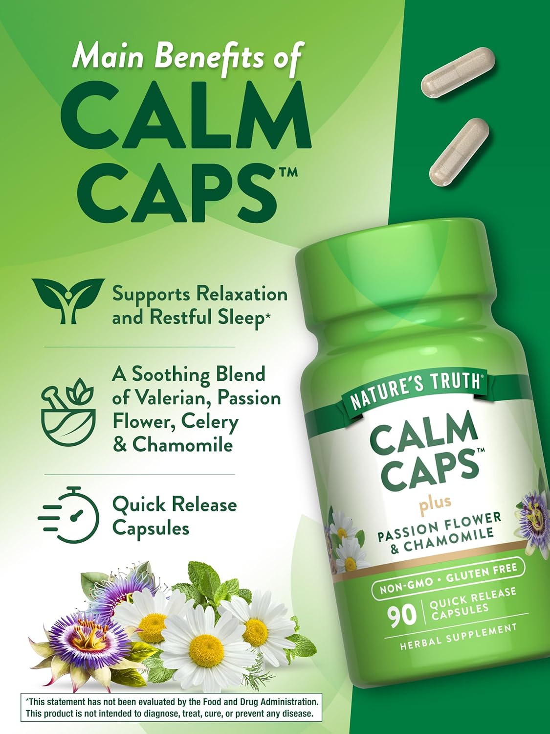 Nature's Truth Calm Caps | 90 Capsules | with Passion Flower and Chamomile | Non-GMO, Gluten Free Supplement : Health & Household