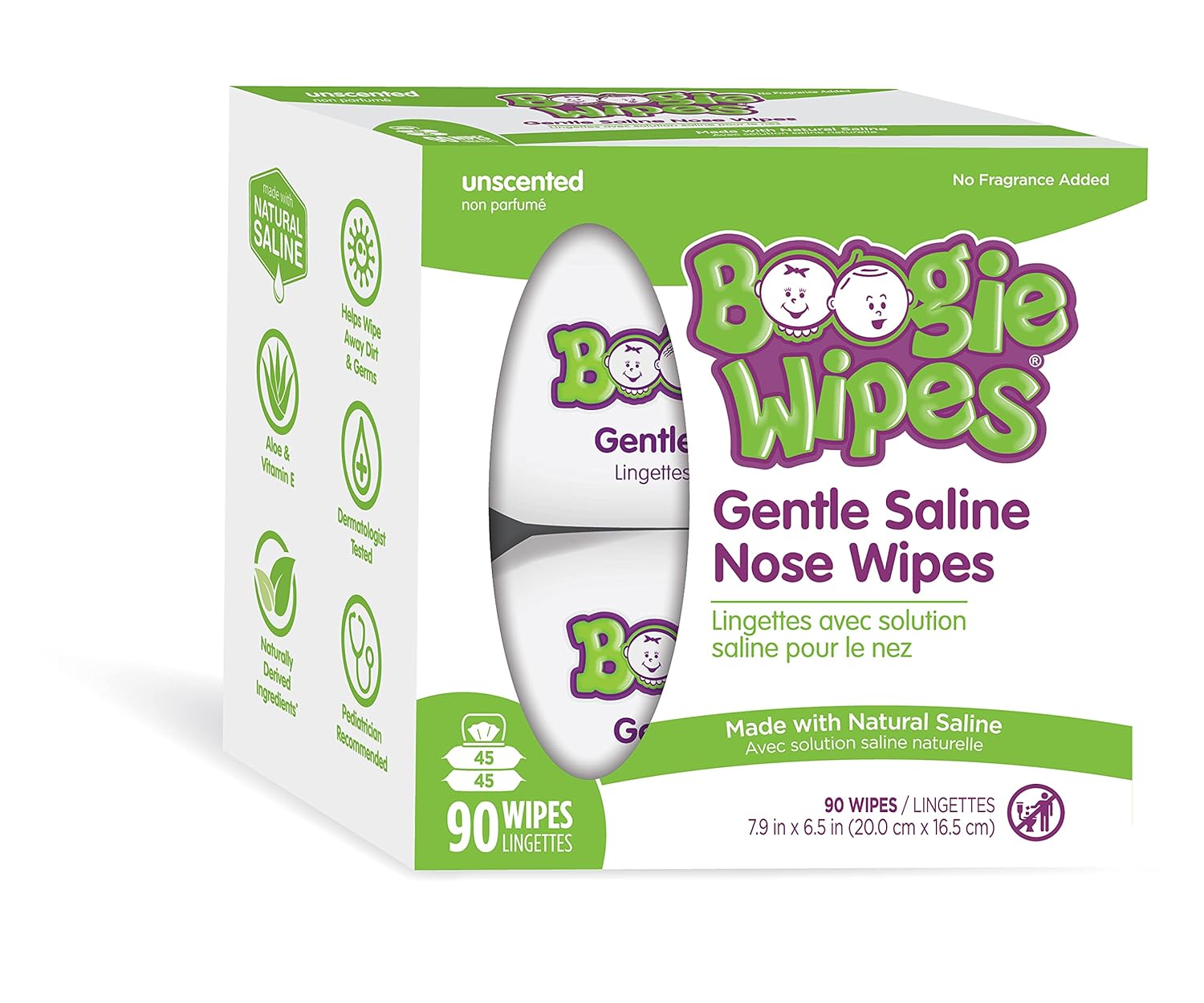 Boogie Wipes, Sensitive Unscented Wet Nose Wipes For Kids And Baby, Allergy Relief, Soft Isotonic Saline Hand And Face Saline Tissue With Aloe, Chamomile And Vitamin E, 45 Count (Pack Of 2)