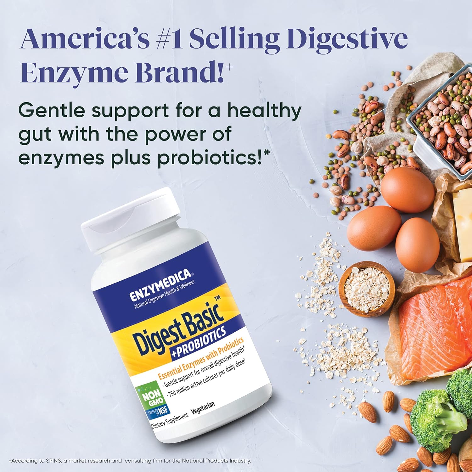 Enzymedica, Digest Basic + Probiotics, Gentle Enzymes for Digestive Health, Breaks Down Carbs, Fats and Proteins with Protease, Amylase and Lipase, 750 Million CFU, Vegetarian, 90 Capsules : Health & Household