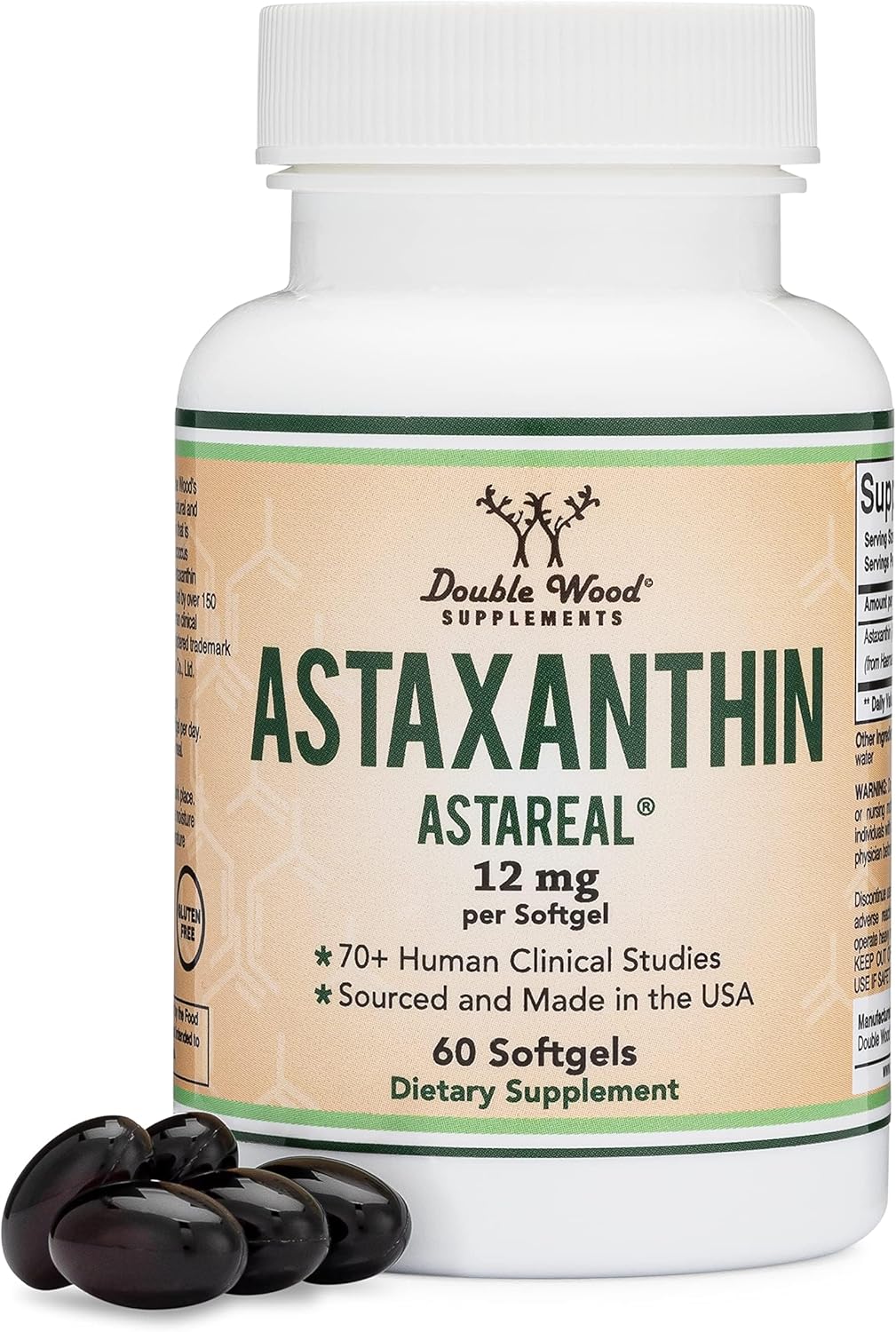 Astaxanthin 12Mg Max Strength (Astareal: Natural Patented Astaxanthin With 70+ Human Clinical Trials - World'S Most Studied Brand) Grown, Harvested, And Made In The Usa (Astaxantina) By Double Wood