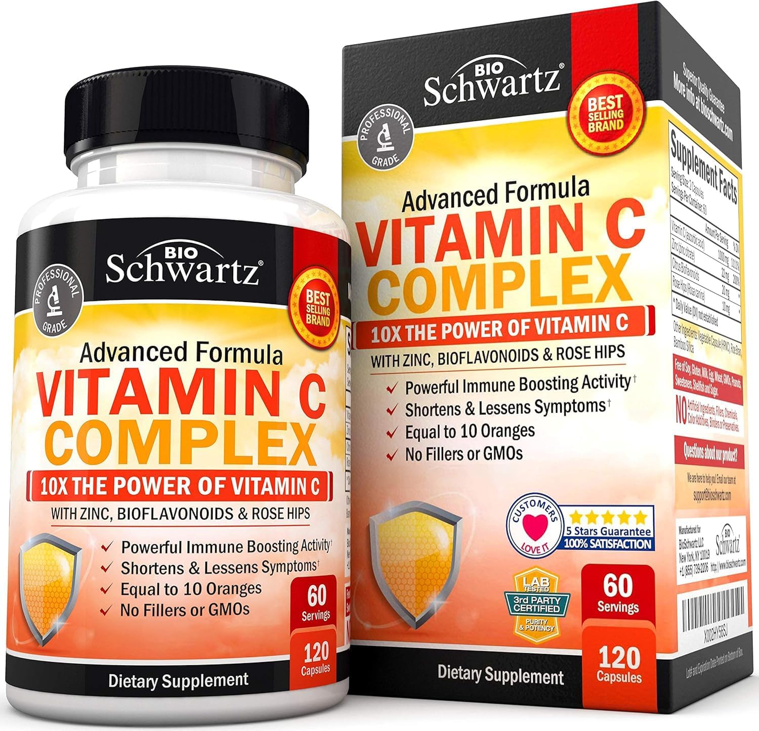 Vitamin C Complex Supplement - Vitamin C 1000Mg Capsules With Rose Hips Zinc And Citrus Bioflavonoids (60 Day Supply) - Supports Immune Health, Cellular Energy, Collagen Production, 120 Count