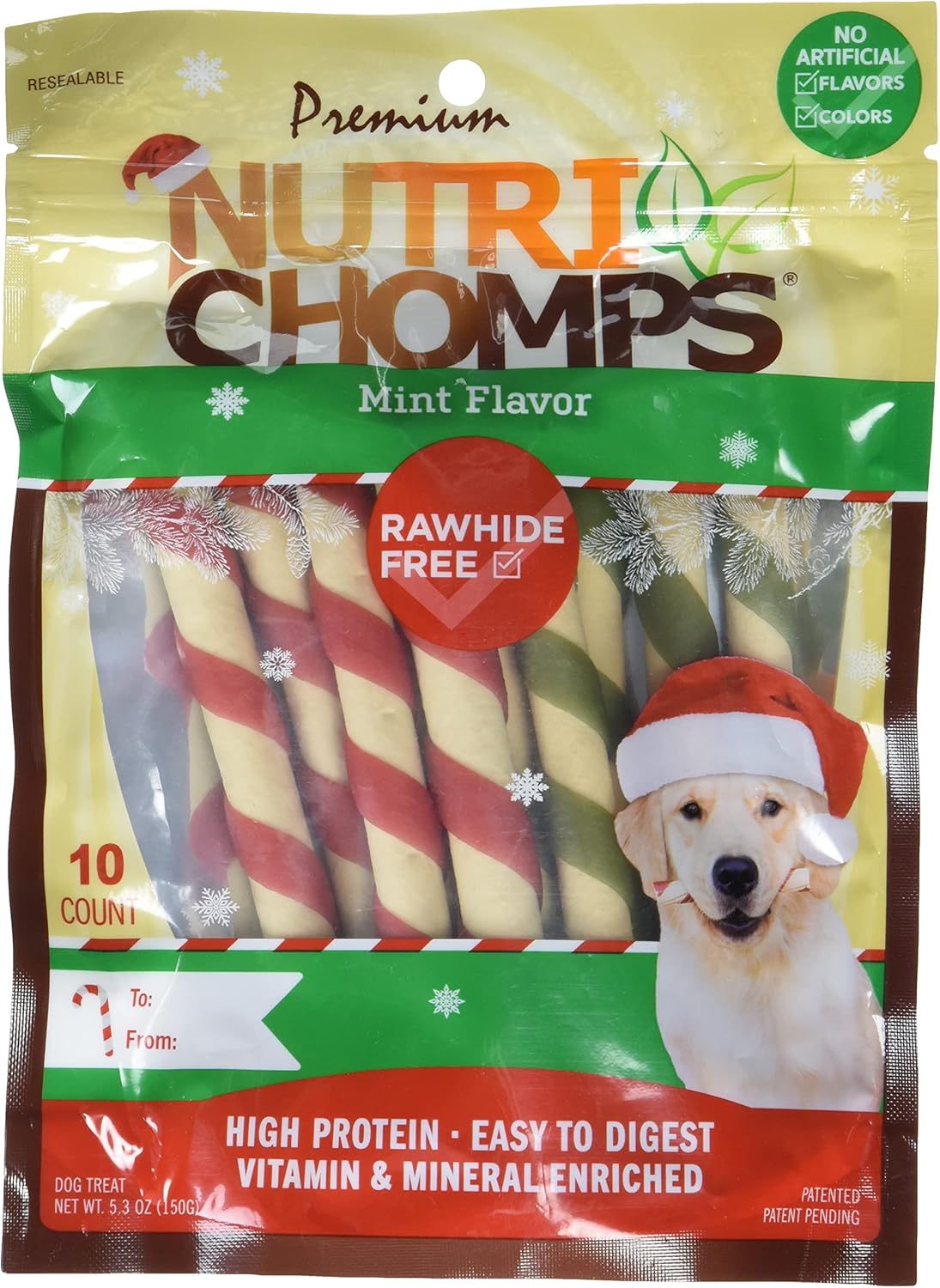 Nutrichomps Dog Chews, 5-Inch Holiday Twists, Mint, 10 Count, Red/Green, (Nt105V)